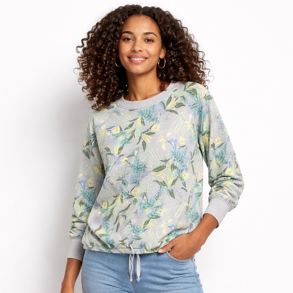 OLD NAVY ACTIVE Tropical Floral Sweatshirt Gray Drawstring Hem L